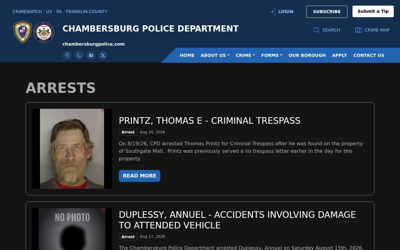 Franklin County Chambersburg police arrest record feed