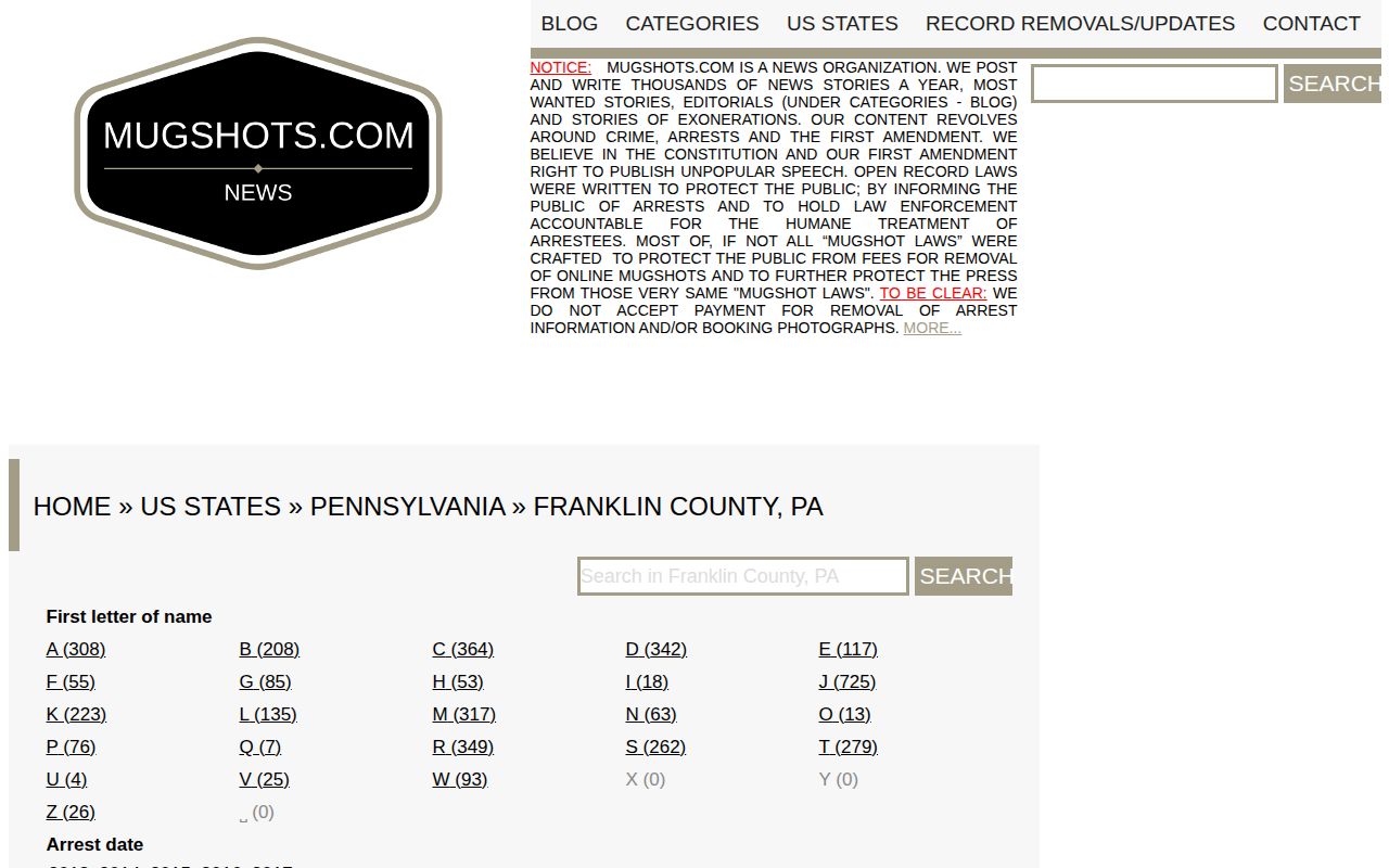 Franklin County historical mugshot archive interface showing unofficial arrest record listings