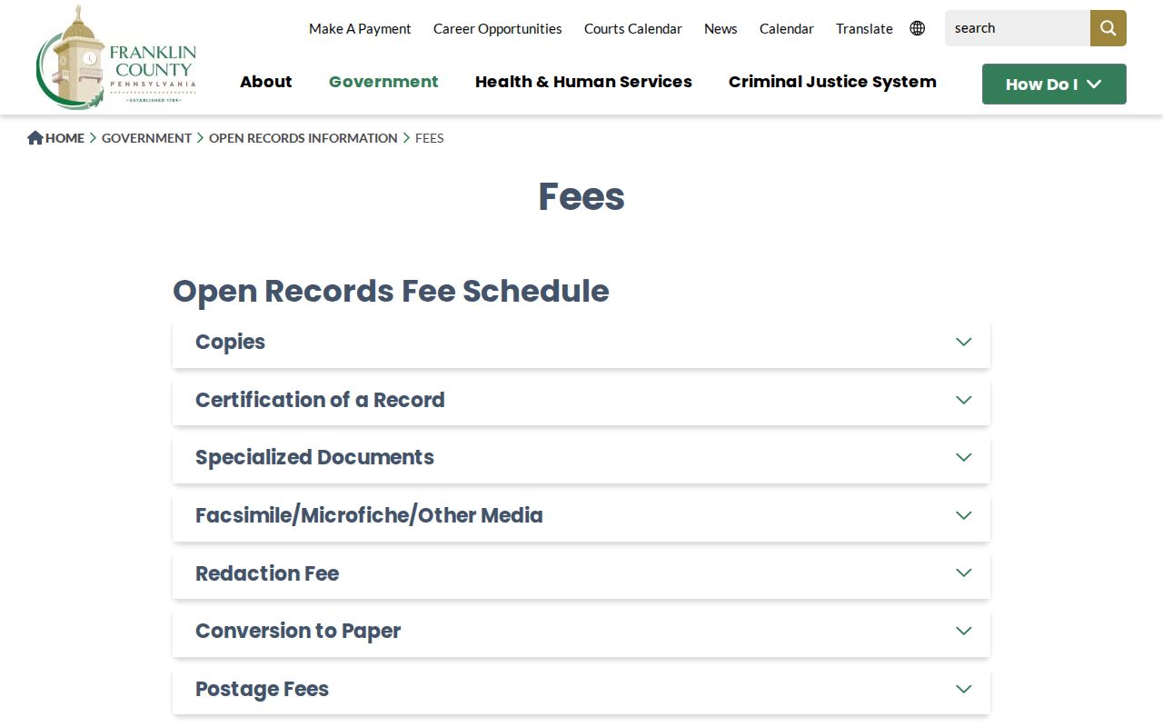 Franklin County booking record request fee information