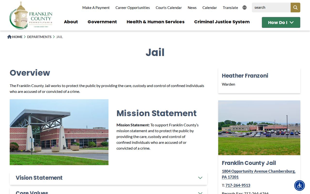 Franklin County Jail official custody and booking record contact page