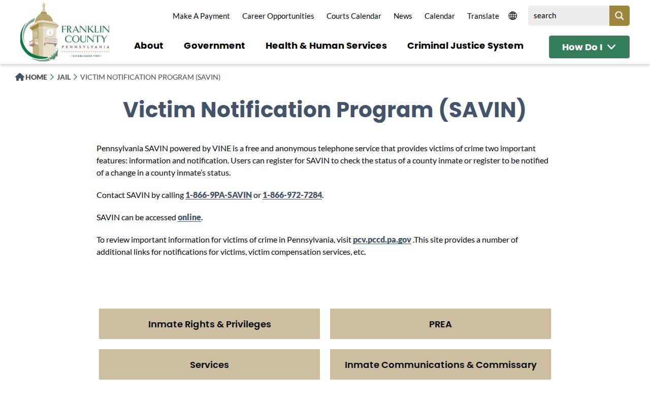 Franklin County custody status and booking alert resource through SAVIN