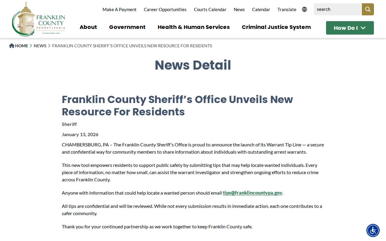 Franklin County Sheriff warrant tip announcement for confidential warrant information