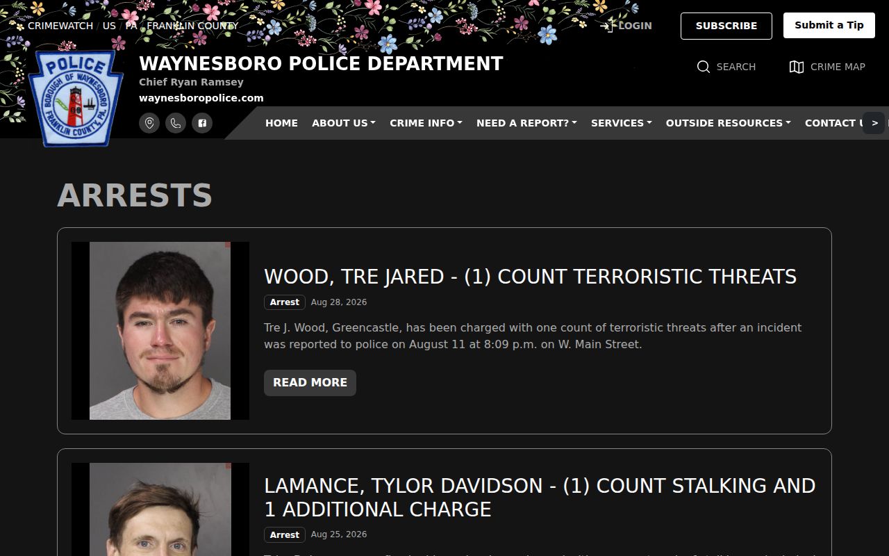Franklin County Waynesboro police arrest record feed
