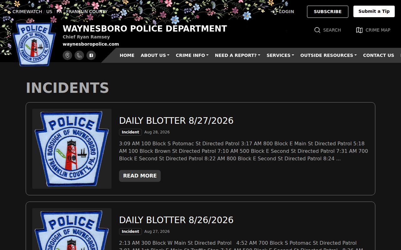 Franklin County Waynesboro daily incident blotter record feed
